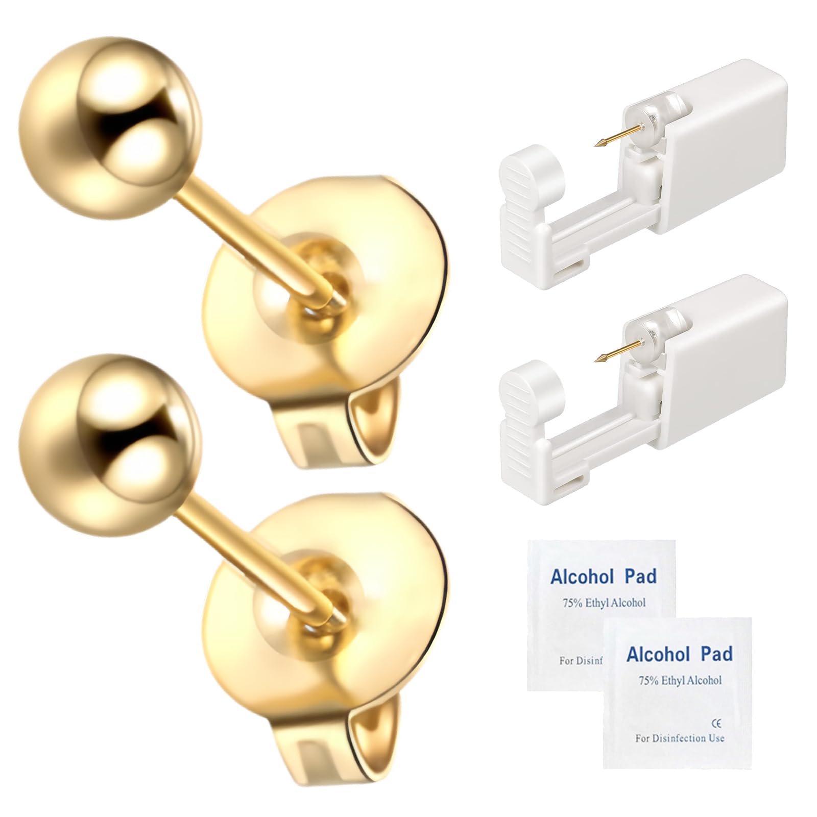 Ear Piercing Kit - 2 Pcs Self Disposable Ear Piercing Gun Built-in Earring Stud Low Pain at Home Piercer Kit Tool Easy Use for Salon 3mm (Gold Ball)