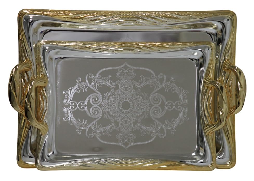 Middle Eastern Iranian Persian Turkish Serving Tea Fruit Nuts Tray 2-Piece Set 17"+14" Rectangular Silver Gold Plated Stainless Steel