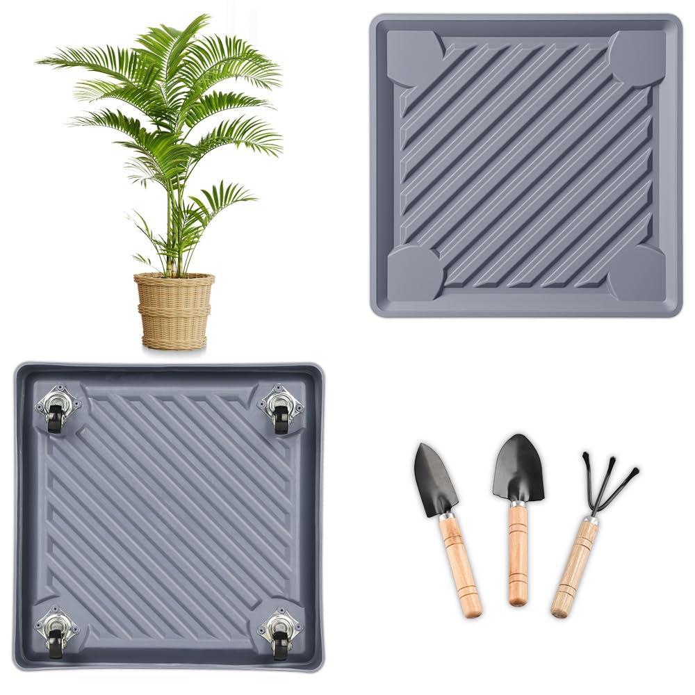 UoeRing Square Plant Caddy with Hidden Wheels 12 Inch Heavy Duty Rolling Plant Stands Indoor Outdoor Plant Saucer Tray Dolly with $9.9 Garden Tools (