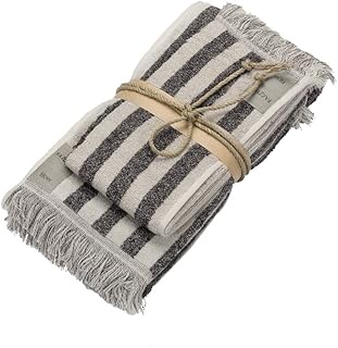 Fazzini Set Bagno Composto da Asciugamano ED OSPITE in Morbida Spugna di Cotone, Fantasia A Righe, ESTERMITÀ SFRANGIATI, Toppa Logo APPLICATA pz