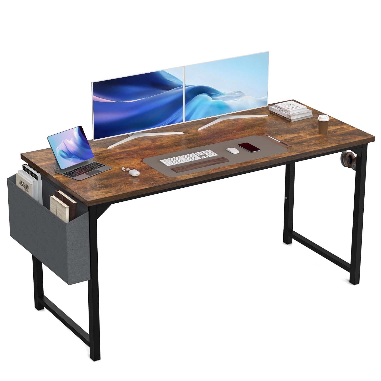 OLIXIS 63 Inch Computer Desk Writing Study Work Table with Storage Bag, Headphone Hooks for Home Office