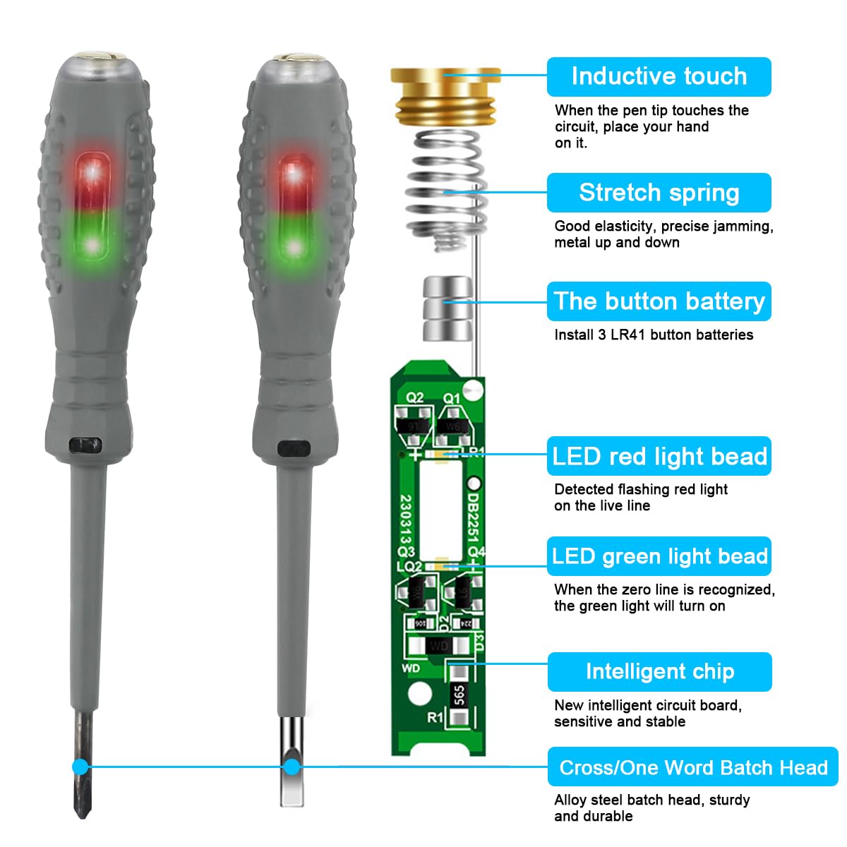 2 Piezas Probador de Voltaje con Destornillador,Herramienta de Prueba Eléctrica,Bolígrafo Probador de Voltaje Sin Contacto,con Rango CA 70V-250V, /Cero,Destornillador Estrella y Plano