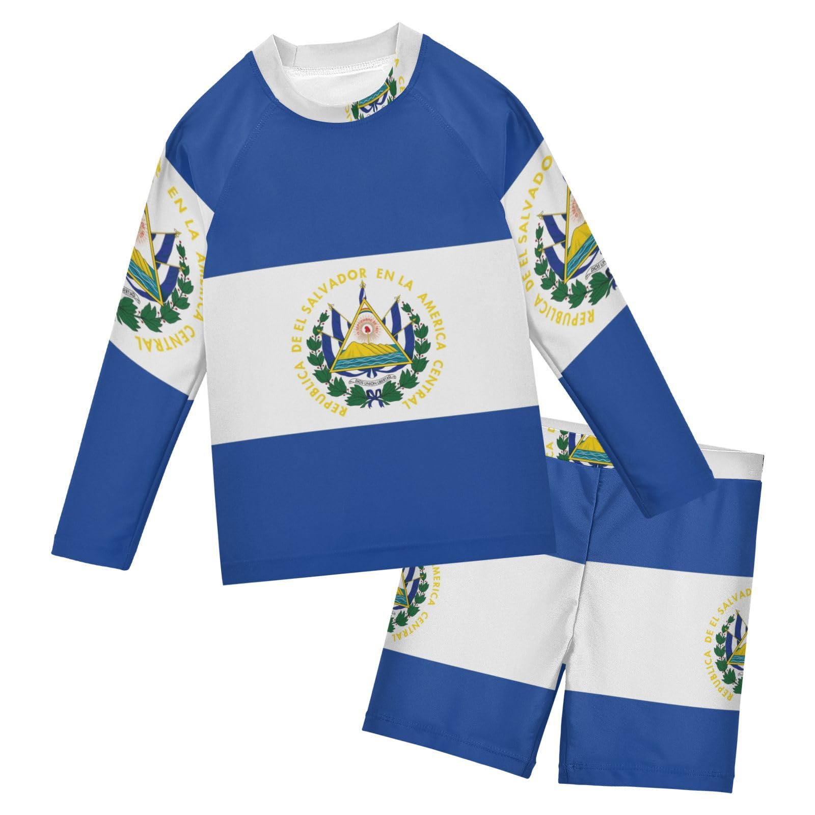 Aflyko Patriot Boys Girls Rash Guard Set Flag of El Salvador Swim Outfit Pollover Bathing Suit Fishing Sun Shirt Quick Dry Swimming Surfing Shorts, 9-10T Multicoloured
