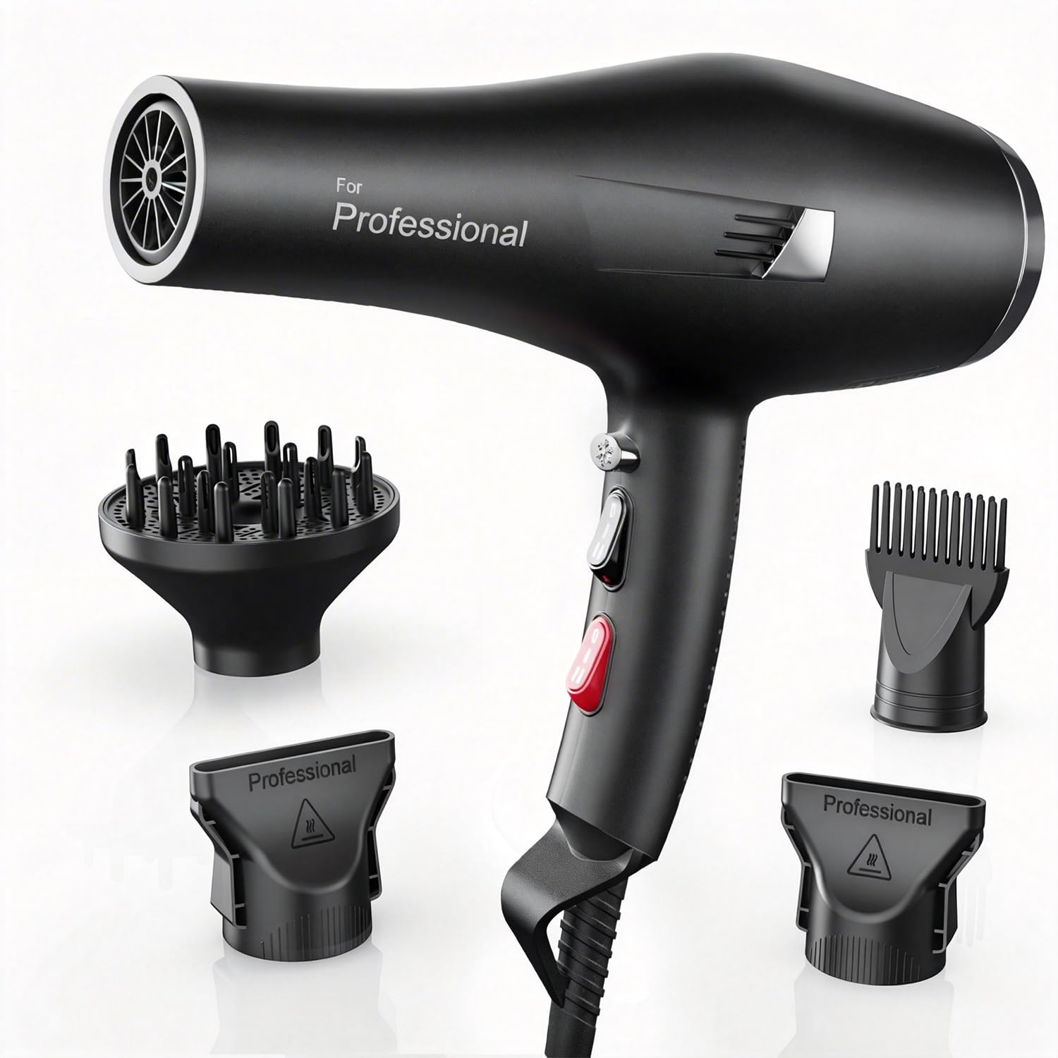 Dekuri Asciugacapelli professionale, asciugacapelli ionico per capelli, senza crespi, con diffusore e ugelli, 3 temperature e 2 velocità, per donne e uomini, asciugatura rapida salone,