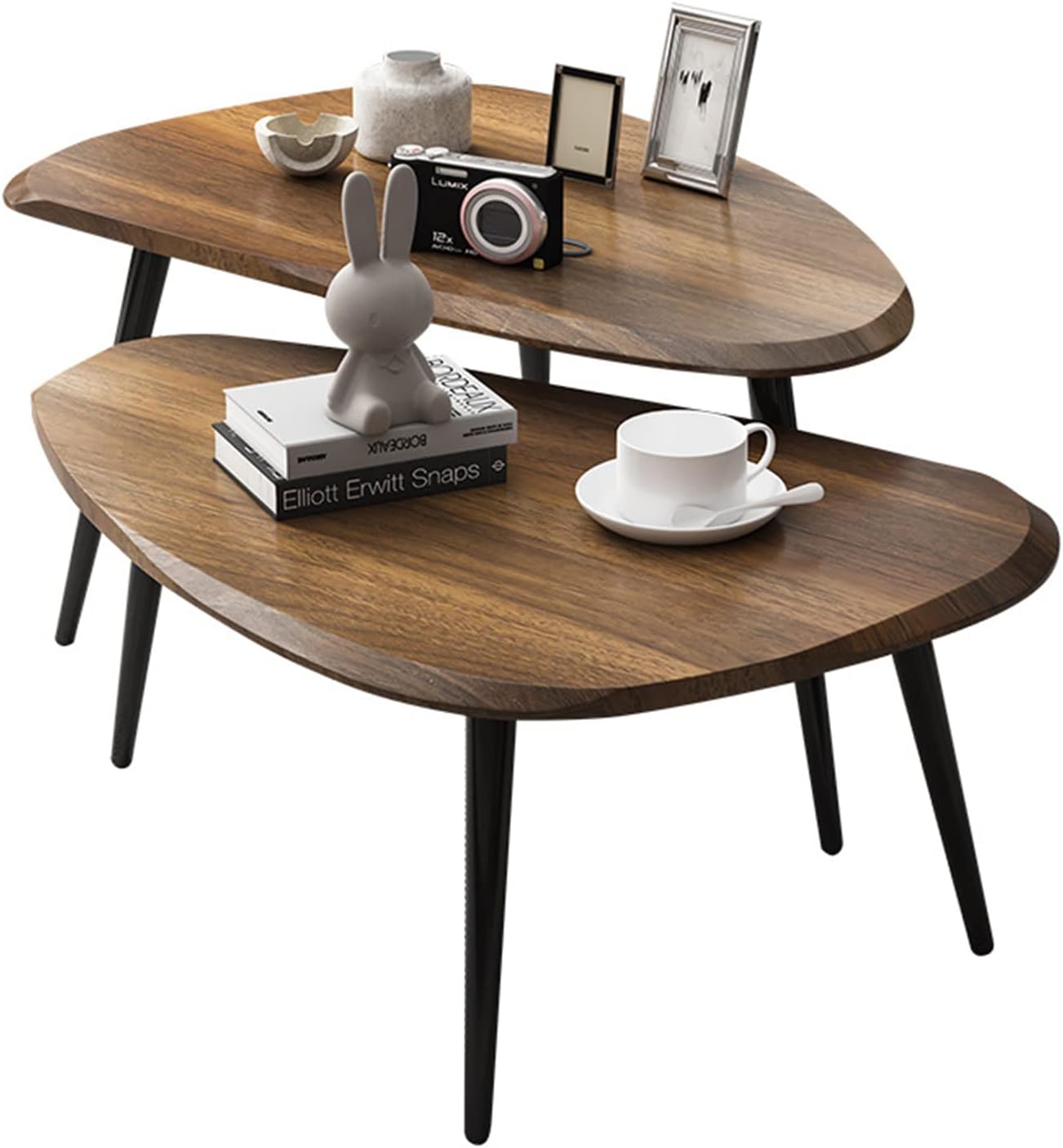 2-Piece mid Century Modern Irregular Coffee Table,Oval Nesting Tables,Narrow Coffee Table for Living Room Center Minimalist Display Coffe Table Modern Home Decor (Walnut Color)