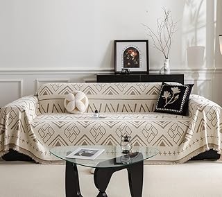 AMWAN Beige Chenille Sofa Slipcover with Light Brown Boho Geometric Patt...