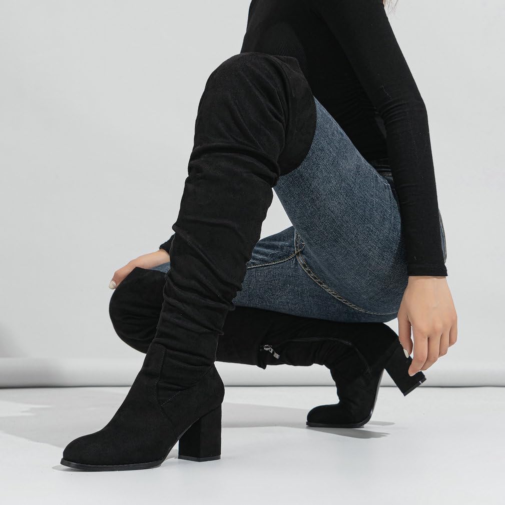 KOKOMOMO Suede Thigh High Chunky Heel Boots Over The Knee High Heel Slouch Boots
