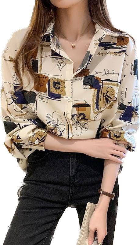 Image of ROYALICA Women's Short Sleeve Drop Shoulder Collared Blouse Button Down Graphic Print Blouse Shirts Top