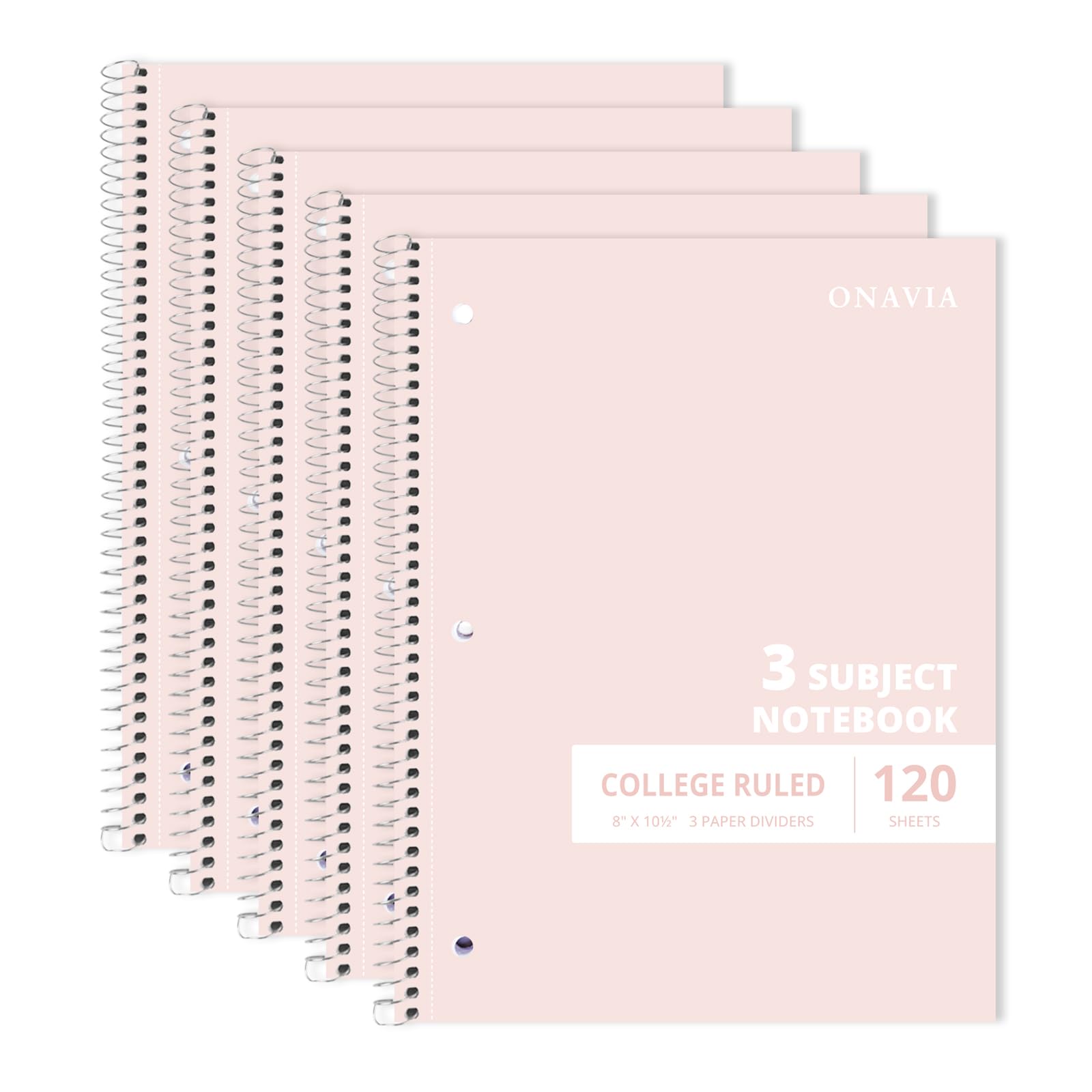 ONAVIA Quaderno a spirale per 3 soggetti, confezione da 5, a righe universitarie, 20,3 x 26,7 cm, 120 fogli, perforato a 3 fori, con divisori e tasche fronte-retro, per scuola, studio, compiti a casa