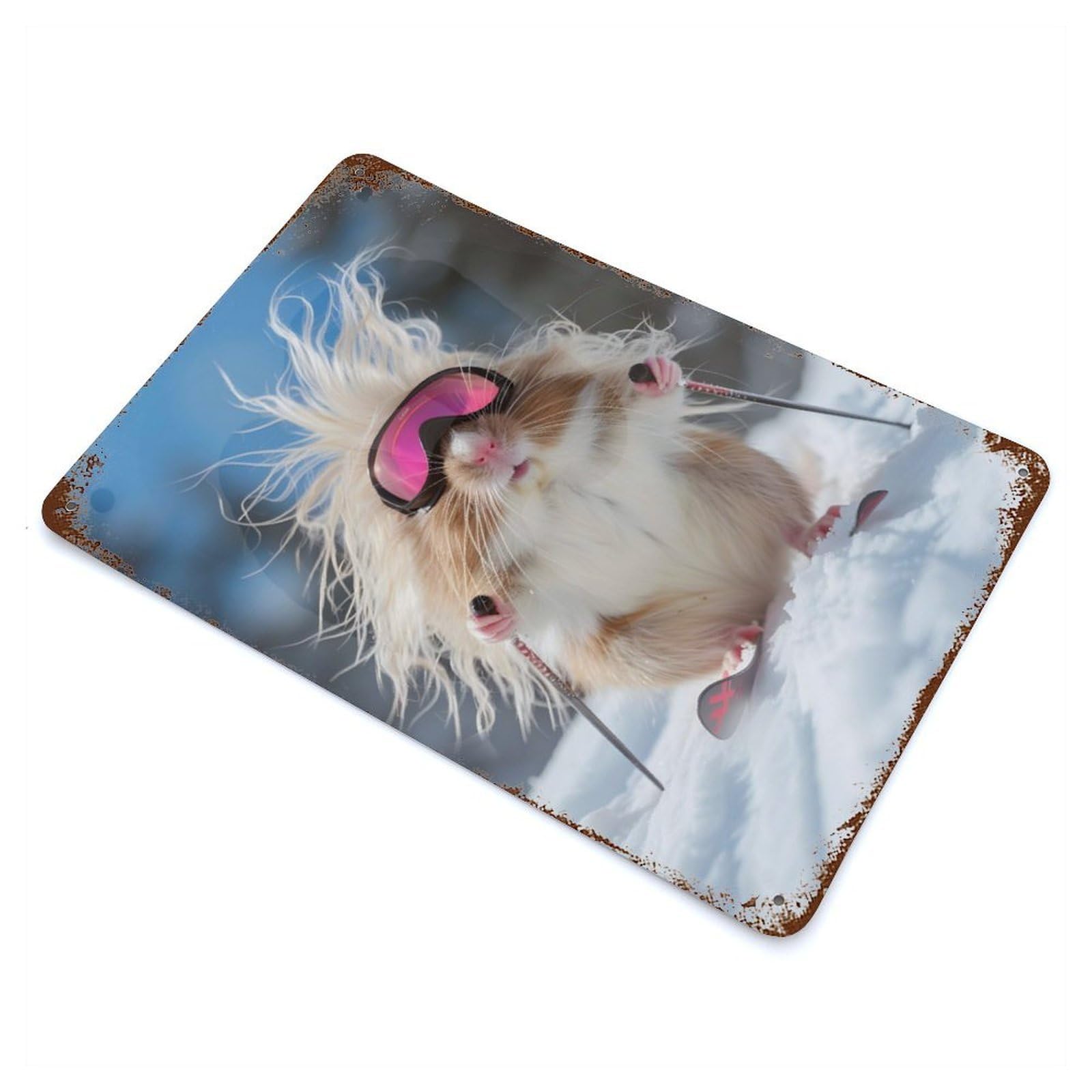 Handsome Hamster on Skis Vintage Rust Metal Sign 11.8"x7.9", Farmhouse Wall Decor for Garage, Pub Or Kitchen