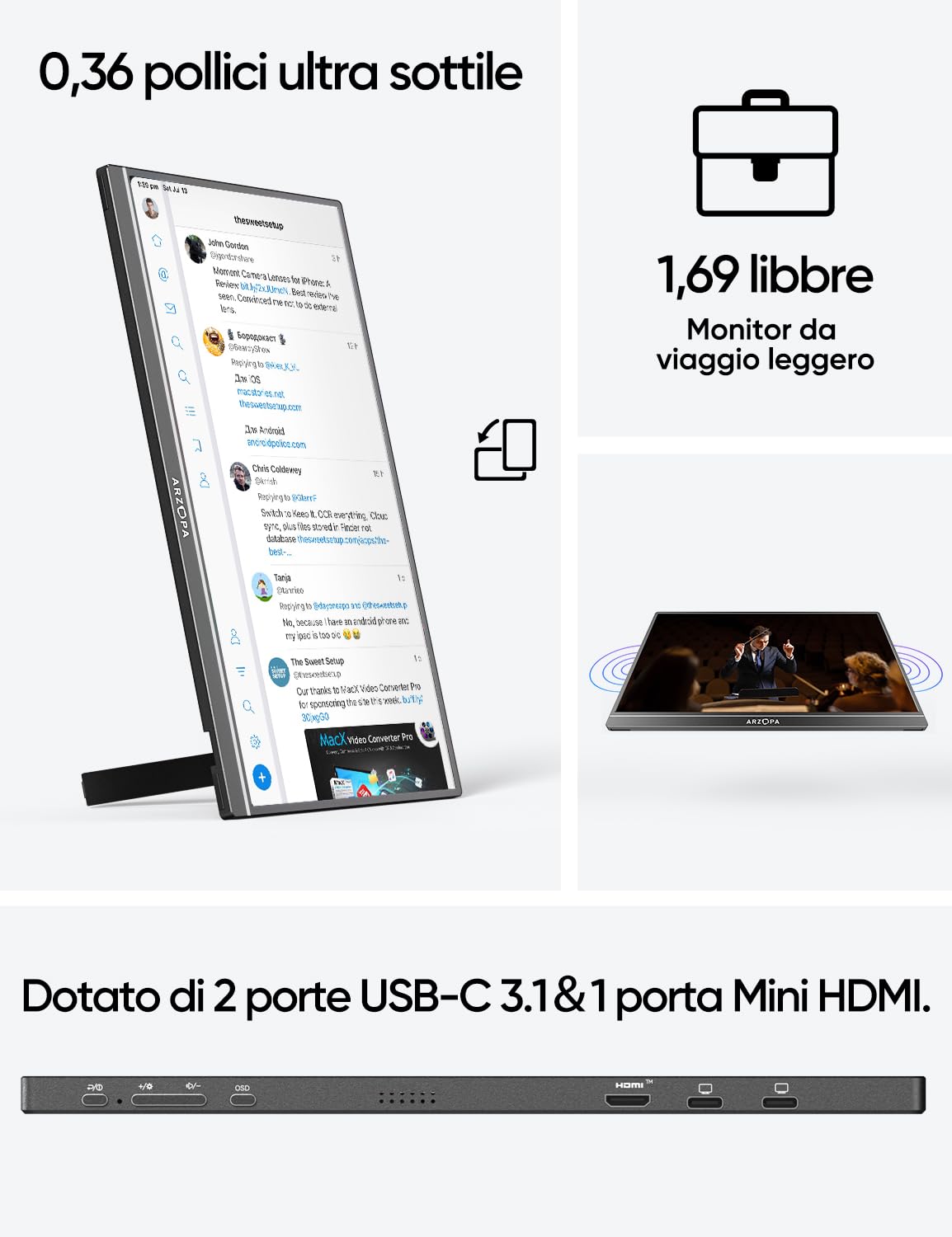 ARZOPA 16.1" 100% sRGB Portable Monitor, 1920×1080 FHD IPS Monitor portatile per laptop con asta singola, supporto HDMI/Type-C/USB-C, Schermo da Gioco Eye-Care, per Laptop/PC/Mac/PS3/4/5/Xbox
