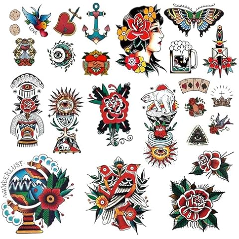 CARGEN Classic Temporary Tattoos - Traditional Old School Vintage Stickers Sailor Jerry Flower Rose Ladyface Swallow Butterfly Sword Eye Globe Crown Anchor Temporary Tattoo Fake Tattoo Great for Arm Cover