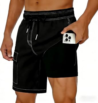 Qekoma Mens Swim Trunks with Compression Liner 2 in 1 Swim Shorts Summer Beach 7 inch Board Shorts with Pockets