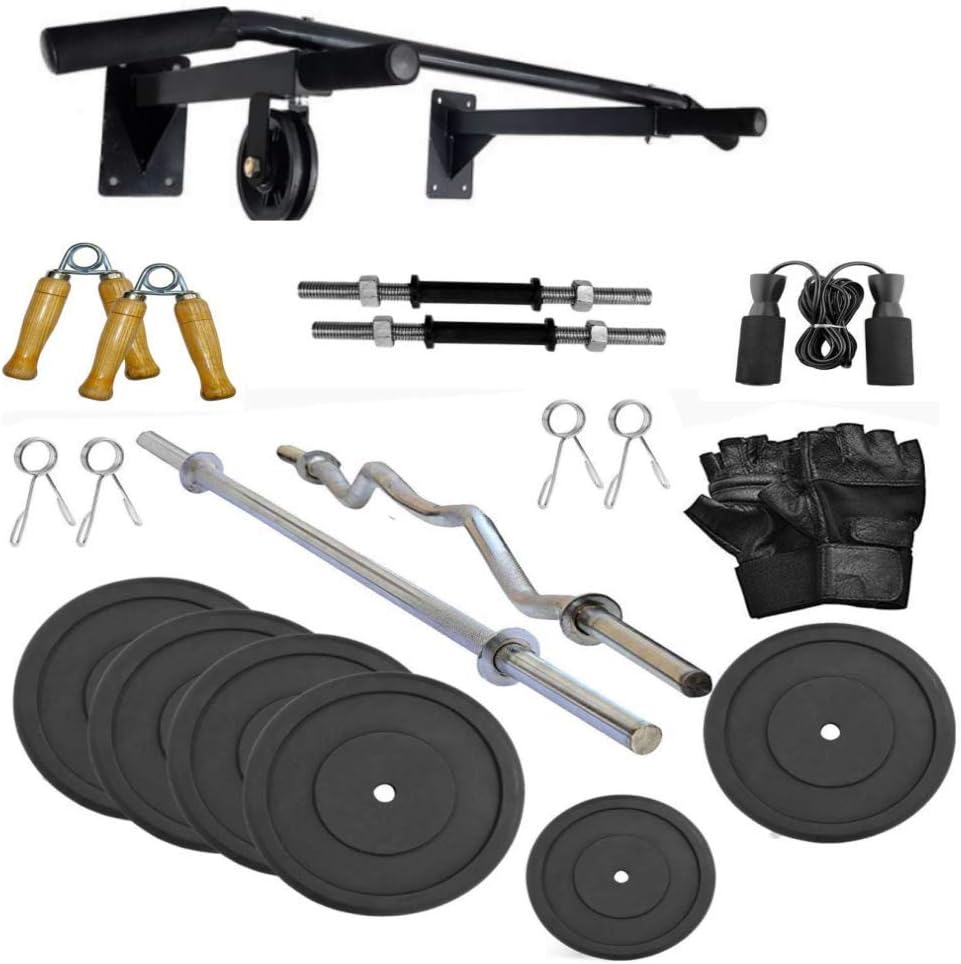 TUFFSTUFF 30 kg rubber weights with wall mounting dynamic chin up bar,5ft rod and 3ft curl rod+ 14" dumbbell rod+ gym accessories,gym kit home,gym for men workout equipment
