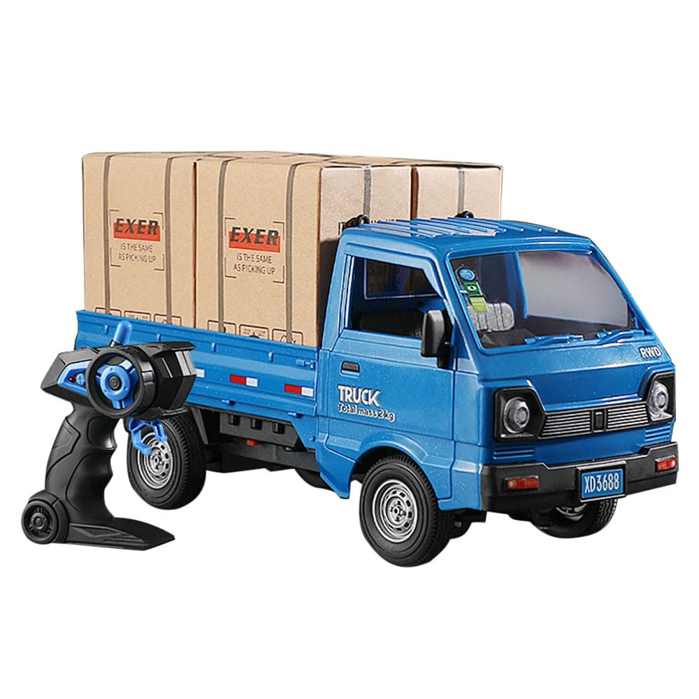 GoolRC Remote Control Car Kei Truck, 1:16 Scale RC Transport Pickup Truck with Spray and Light, 2.4GHz All Terrain RC Cars for Kids and Adults Christmas or Birthday Gift (Blue)