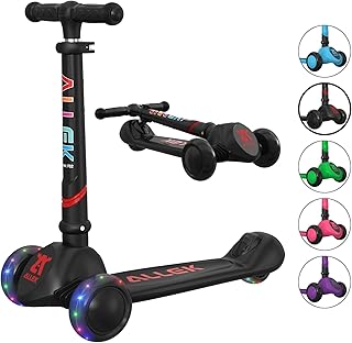 Kick Scooter Foldable F02, 3-Wheel LED Flashing Glider and 4 Adjustable Height with Anti-Slip Thick Deck Push Scooter for Children 3-12yrs