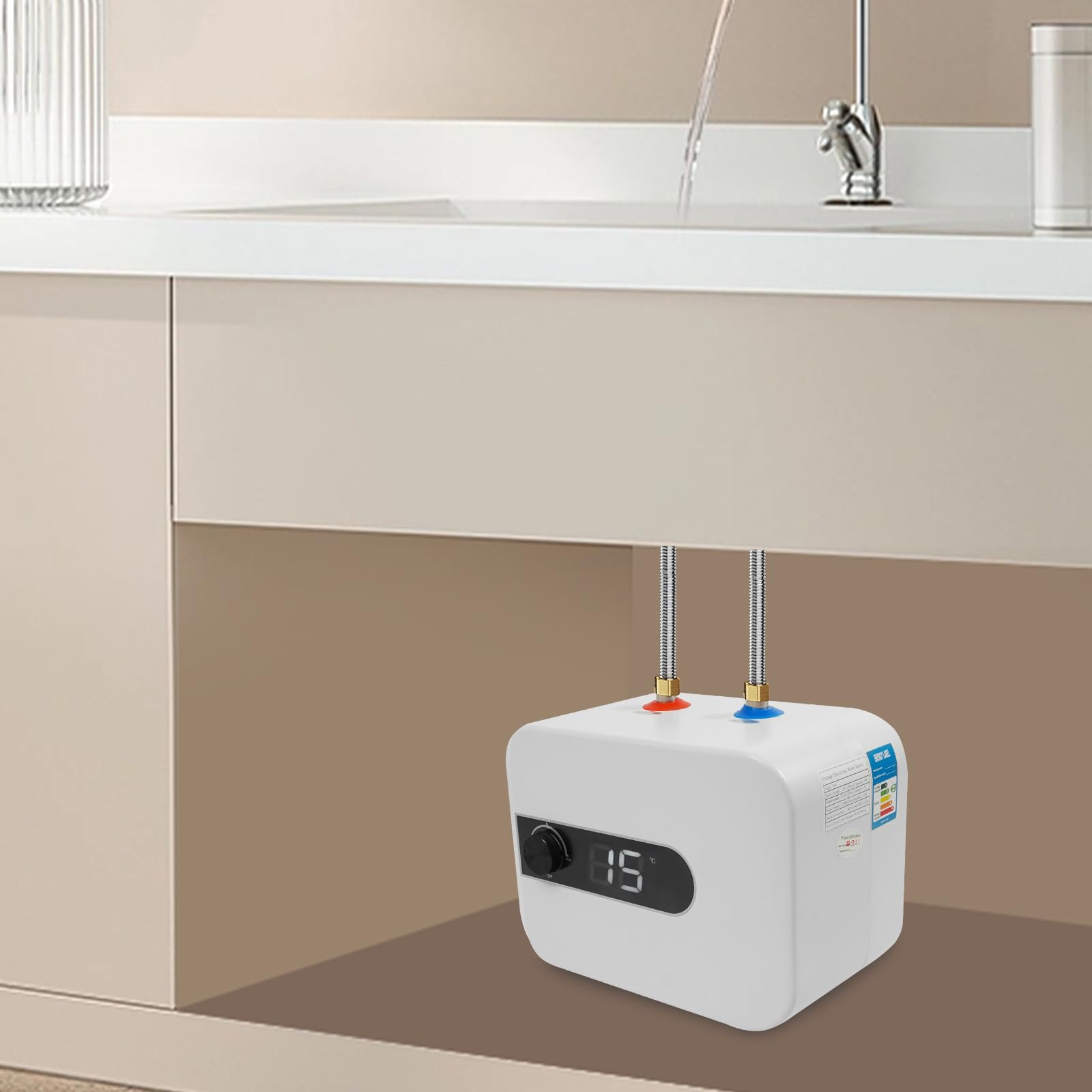 Minicalentador de agua eléctrico de 5 litros, depósito de agua caliente de 1500 W con regulador de temperatura, calentador de agua caliente para cocina y baño, protección IPX4, color blanco