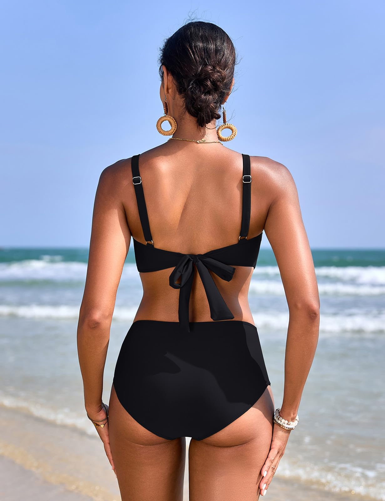 Bikinis Mujer Cintura Alta Reductor Sexy Escote en V Push Up con Relleno Traje de Baño Diseño de Bloques de Color