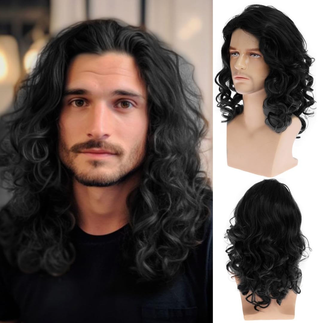 Beweig Long Curly Wavy Black Wig for Men Synthetic Halloween Costume Party Wig for Male