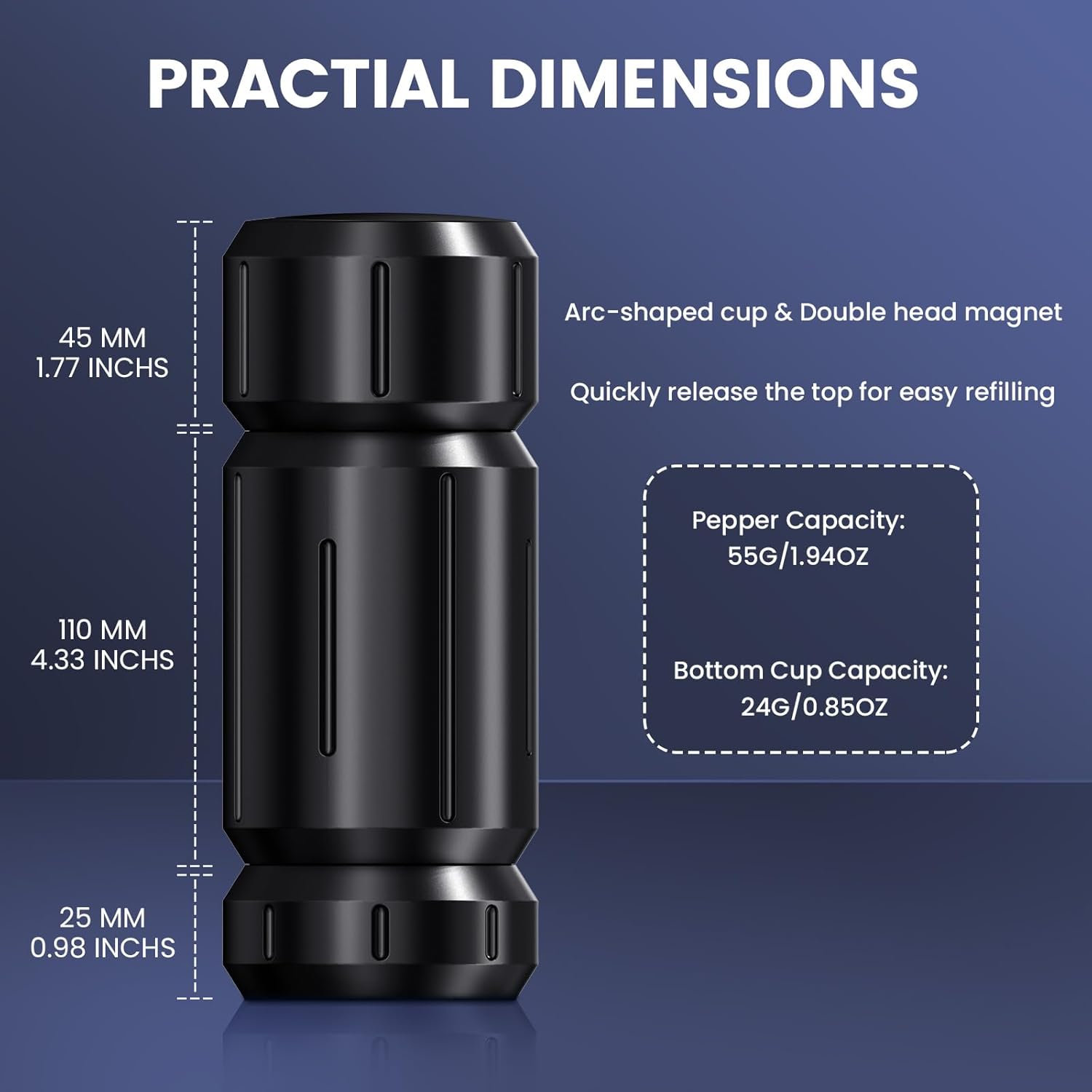 Luvan Pepper Grinder With Magnetic Bottom, Heavy Duty High Output Aluminum Manual Pepper Mill, Adjustable Coarseness Stainless Steel Burrs, Refillable Spice Grinder for Home Kitchen Restaurant
