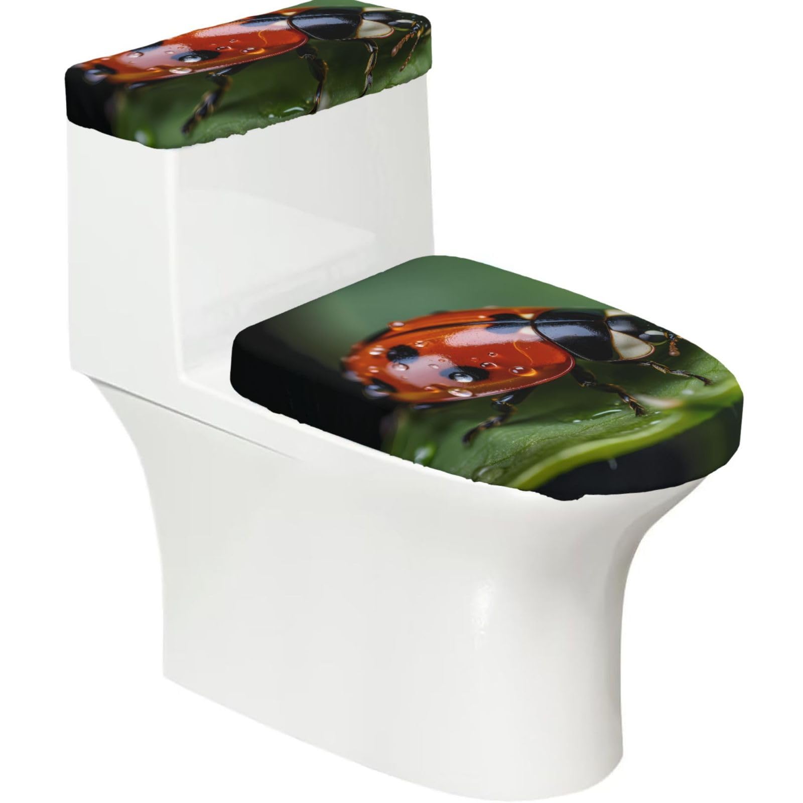 Ladybird 2-Piece Toilet Seat Cover Set with Tank Lid - Elastic for U-Shape & Elongated - Bathroom Decor