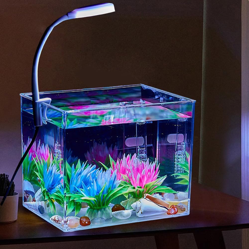 Desktop Fish Tank Starter Kit with Clamp Light, 360° Viewing Small Aquarium Square Tank, Impact-Resistant PS Material Transparent Fish Bowl for Home Living Room Office Desk Decoration, Beginner-Friend