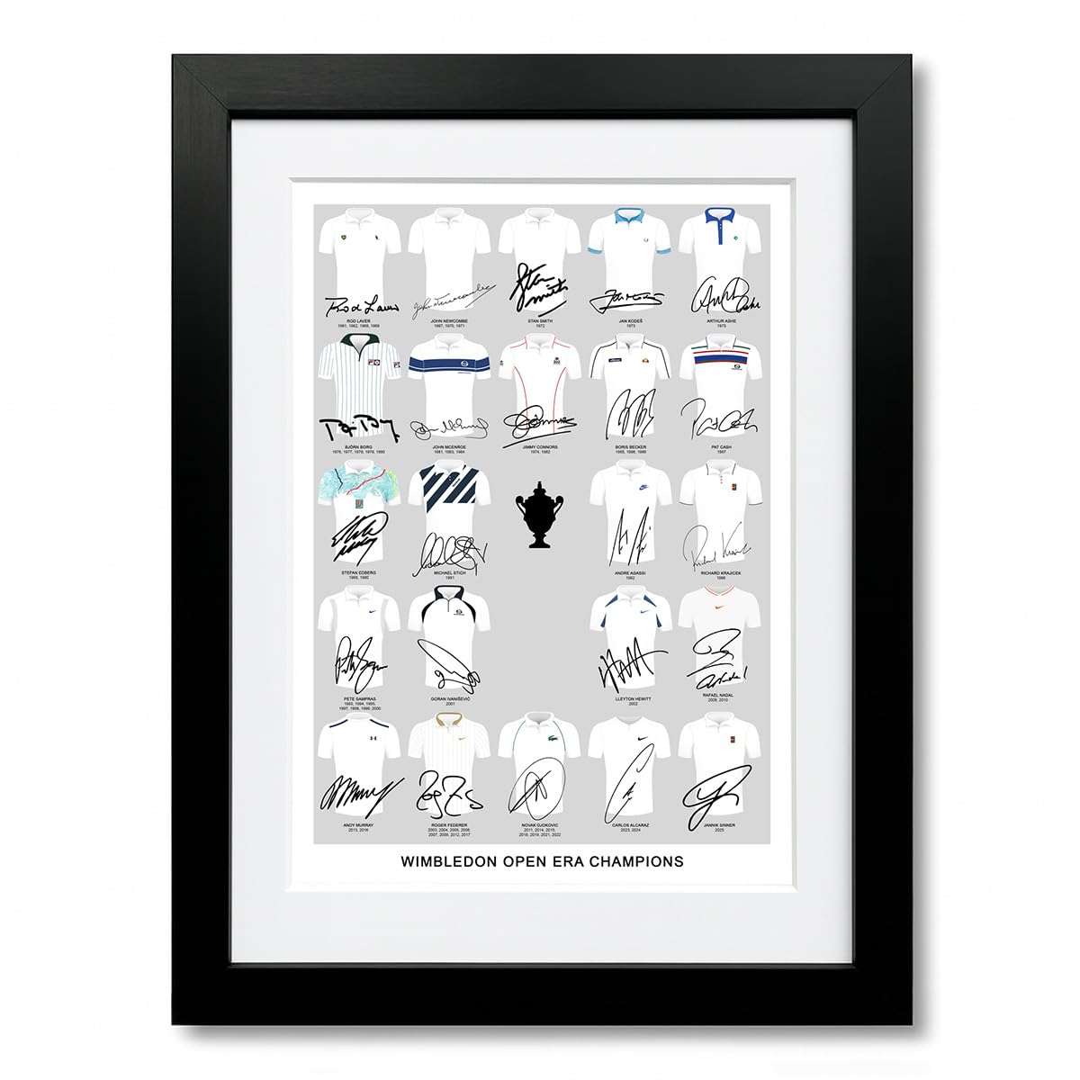Mounted Gifts Trading 2025 Open Era, A4 Framed & Mounted Wimbledon Champions 1964-2025 Winners Signed Poster Print Framed Picture Photo Autograph Gift Andy Murray Novak Djokovic Rafael Nadal Roger Federer Carlos Alcaraz (2025 Open Era, A4 Framed & Mounted)