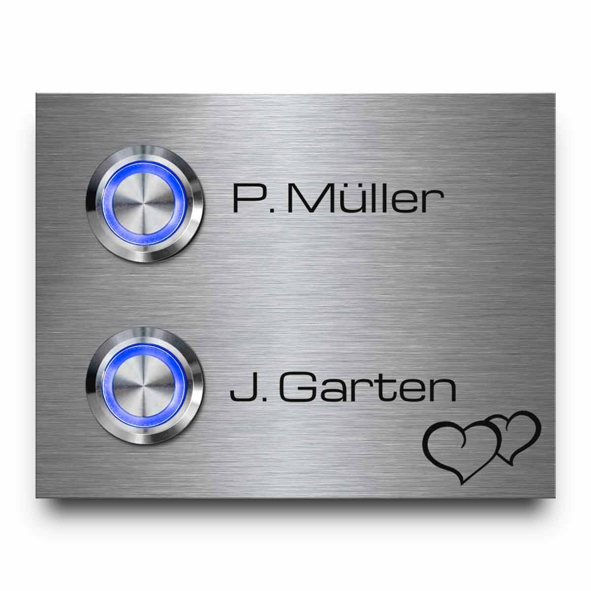 2 Fach Doppel-Türklingel aus Edelstahl mit Familiennamen | Modell Twin ab 9x7 cm - Individuelle Gravur und 2 Premium LED-Klingeltaster | Schöne Motive und Wunschtext
