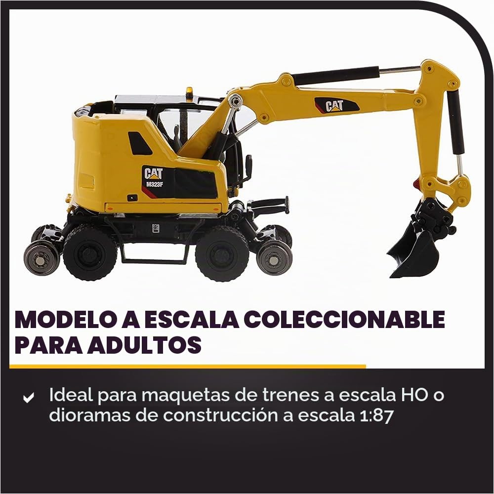 Diecast Masters Caterpillar M323F 85612 - Excavadora móvil con Accesorios, Detallada H0 Cat en Caja de Metal, Escala 1:87, Aprox. 9,5 x 3,4 x 4,6 cm, 14+, para Modelos de ferrocarriles y