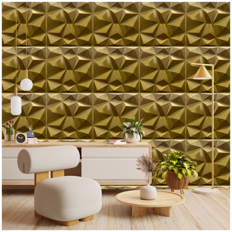 Image of Kayra Decor 3D PVC Wall Panel-Metallic Gold Small Diamond (Size 19.7 inch X 19.7 inch Covers 48.42 Sq.Ft.Pack of 18) PVC Panel for Home Kitchen Studio Saloon Living Room Gaming Room and Office Decor