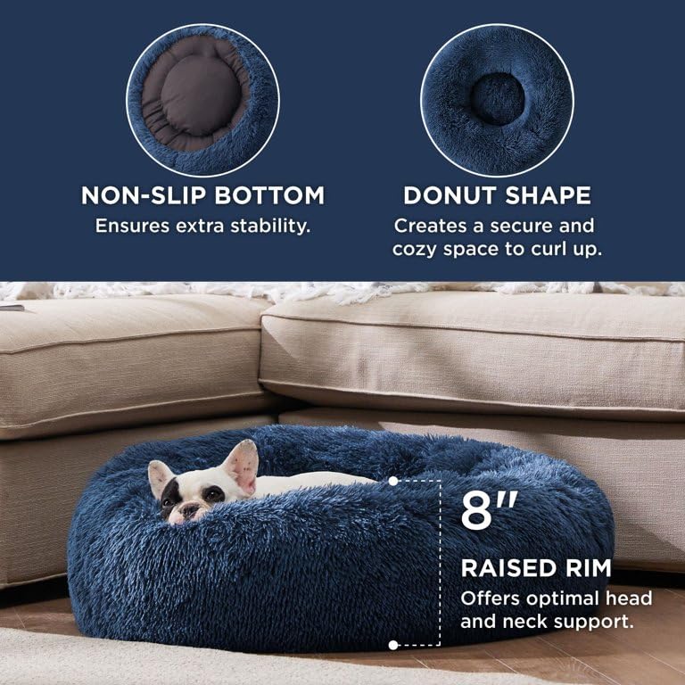 Image of ZEXSAZONE Calming Donut Dog Bed for Small & Medium Dogs, Ultra Soft Plush Pet Bed with Raised Rim Support, Anti-Slip Bottom, Washable Round Dog Bed for Puppy, Cat & Dogs (Navy Blue)