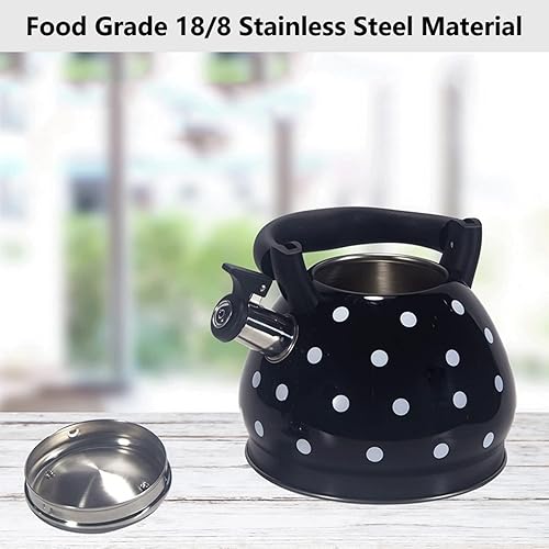 Miniatura 7 de Tetera, bonita tetera de té, tetera negra silbante para estufa, tetera de lunares, tetera de acero inoxidable con mango plegado para todas las