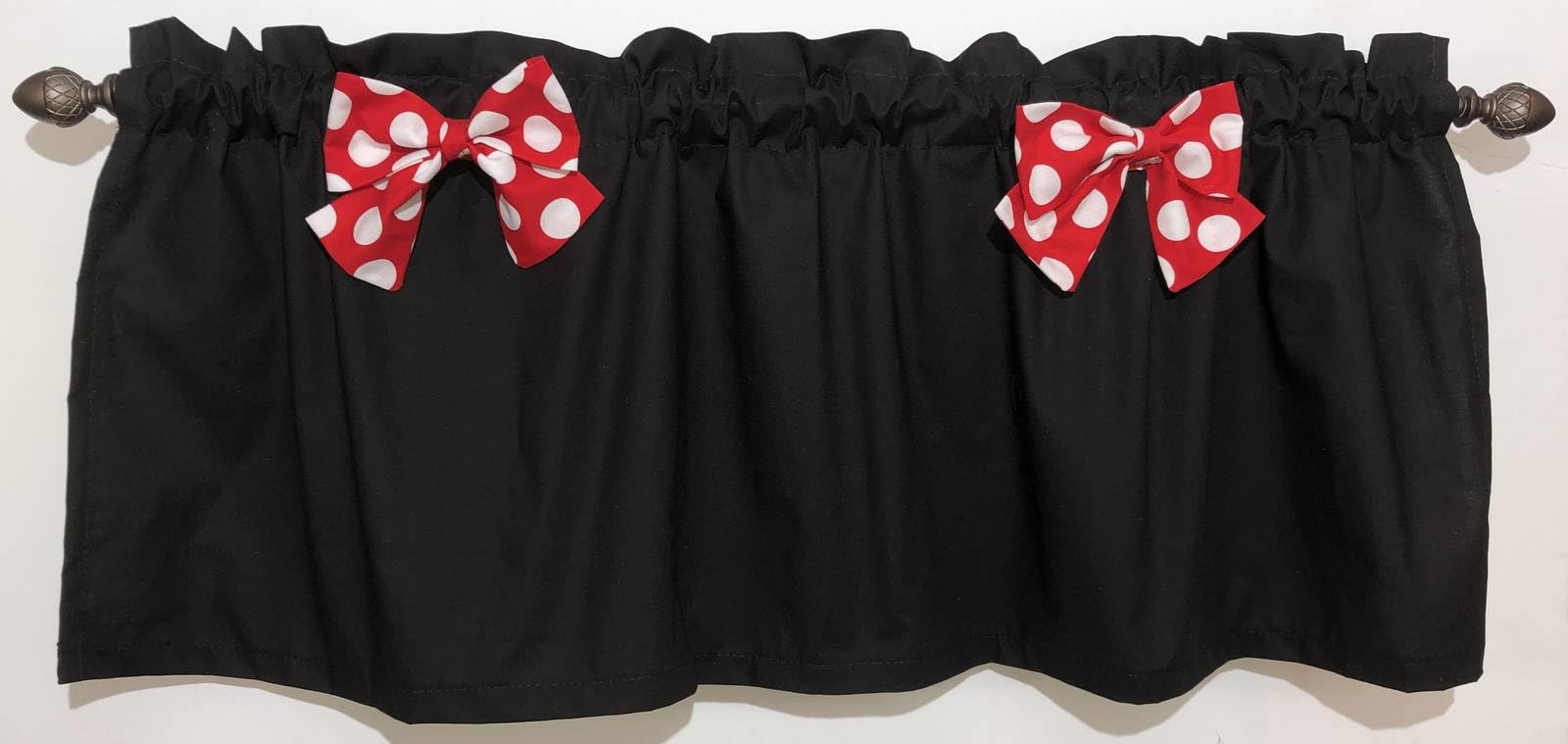 Solid Black Valance with Red & White Polka Dot Bows Prom Wedding Bachelorette Girl Baby Nursery Window Kitchen Bath Curtain Topper