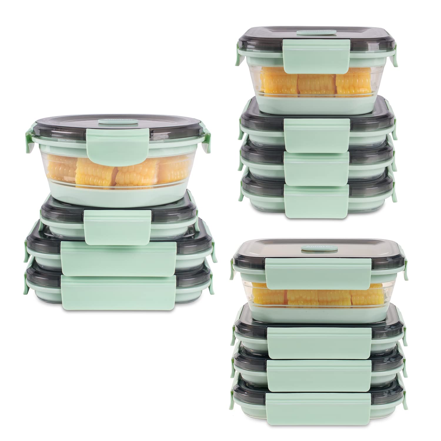 Annaklin Collapsible Food Storage Containers with Lid & Air Vent, Bundle of 12 Pack, Transparent Stacking Silicone Collapsible Meal Prep Container Set, Microwave Freezer Dishwasher Safe, Mint Green