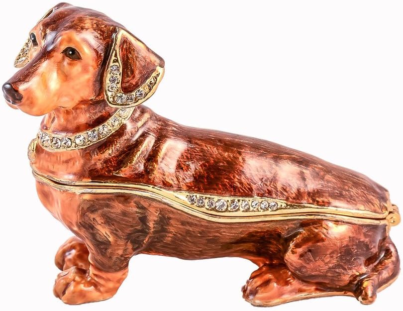 Ciel Jeweled Brown Dachshund Puppy Dog Collectible Hinged Trinket Box