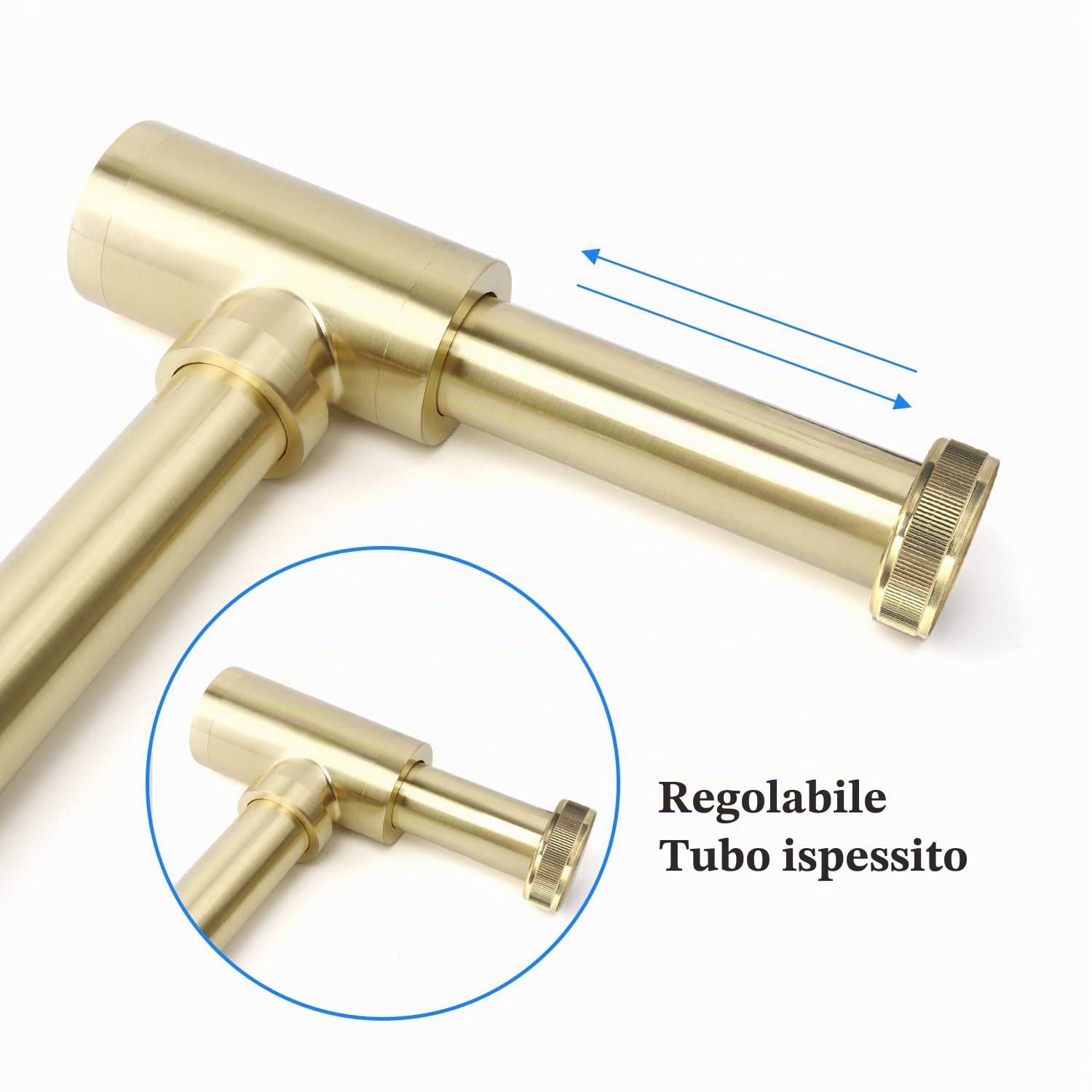 Sifone di design [Tubo di immersione extra lungo da 200 mm], 1 1/4 x 32 mm Spessore regolabile dei tubi, Sifone universale in ottone per lavabo e lavandino, blocco odori (Oro spazzolato)