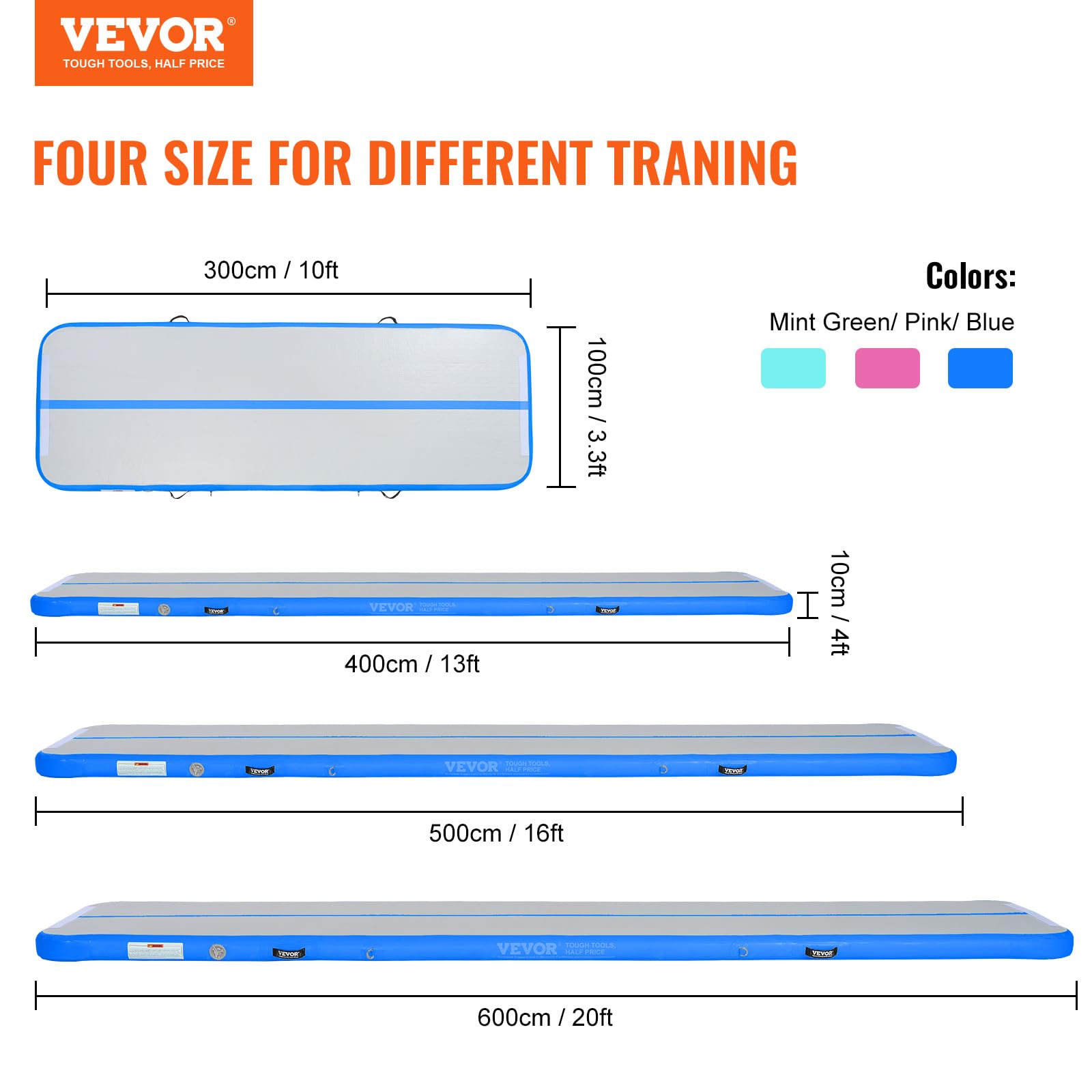 VEVOR Air Track Tappetino Ginnastica Artistica 3m/4m/5m/6m, Spessore 10cm con Pompa Elettrica, Tappetino da Ginnastica Gonfiabile per Yoga/Casa/Formazione/Cheerleader