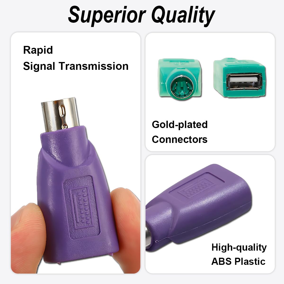 Adaptateurs PS2 vers USB Remplacement pour Souris et Clavier, Lot de 2 Convertisseurs PS2 Femelle vers USB A Mâle (Vert, Violet, Noir)