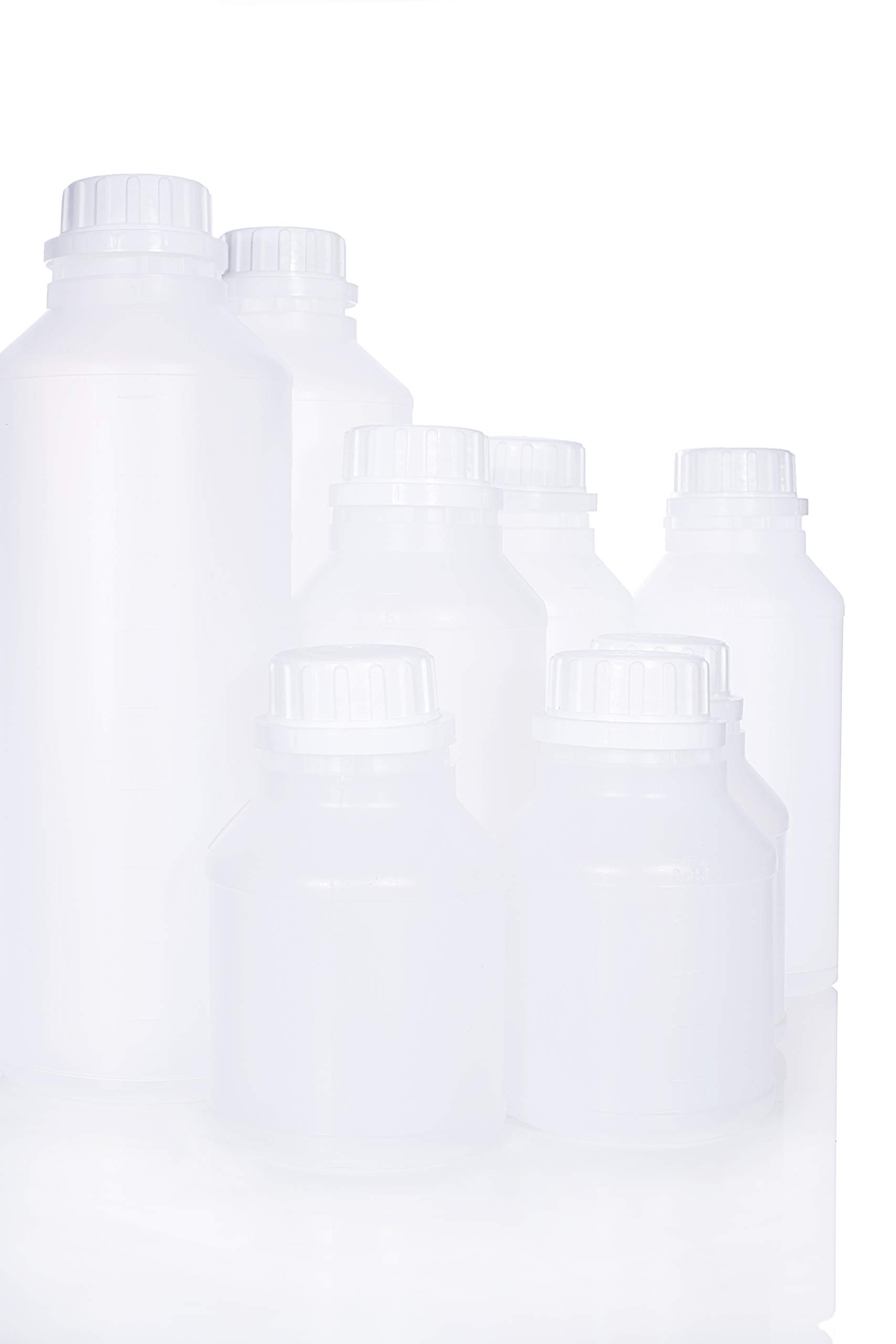 BENBOW Botella de plástico HDPE de 50x 1000 ml con cierre de rosca y escala para el almacenamiento seguro de líquidos y productos químicos - ideal para hogar laboratorio e industria Aceite y pegamento