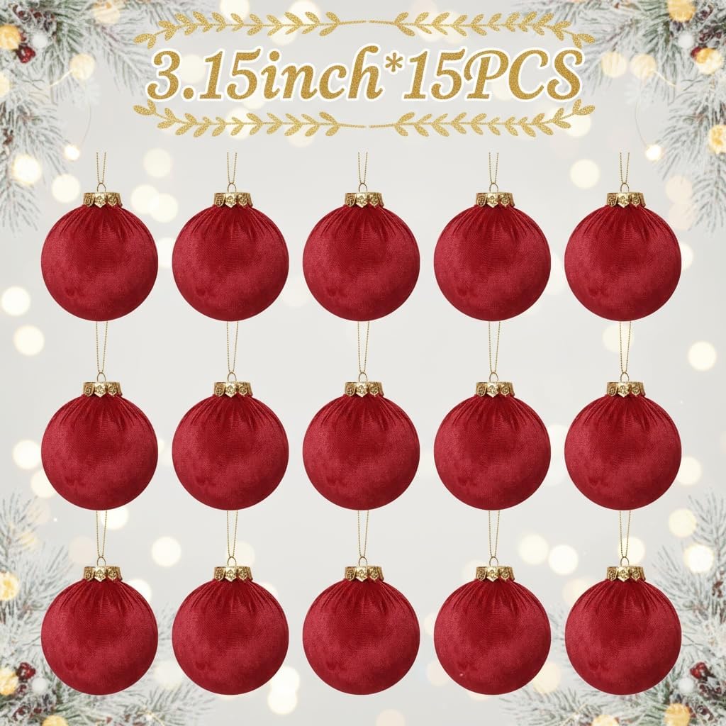 Christmas Tree Ornaments Velvet Balls - 15 Pack 3.15inch with Elegant Color, Velvet Fabric Wrinkle Design for Xmas Tree, Fireplace, Tabletop, Church, Decor (Red)
