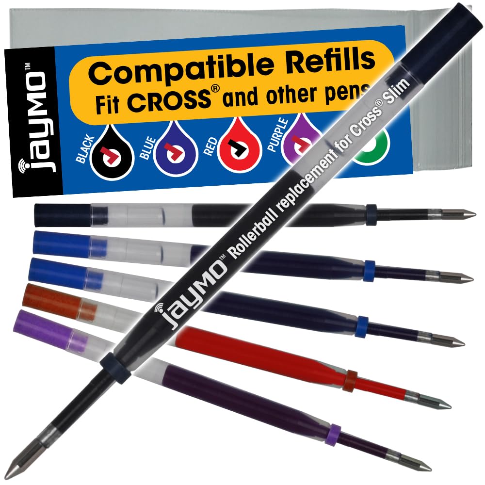 Jaymo Replacement for Cross Slim 8910 - Measures 4 in / 102 mm Long - Gel Rolling Ball Pen Refill - 2 Black + 2 Blue + Red + Purple — image 1