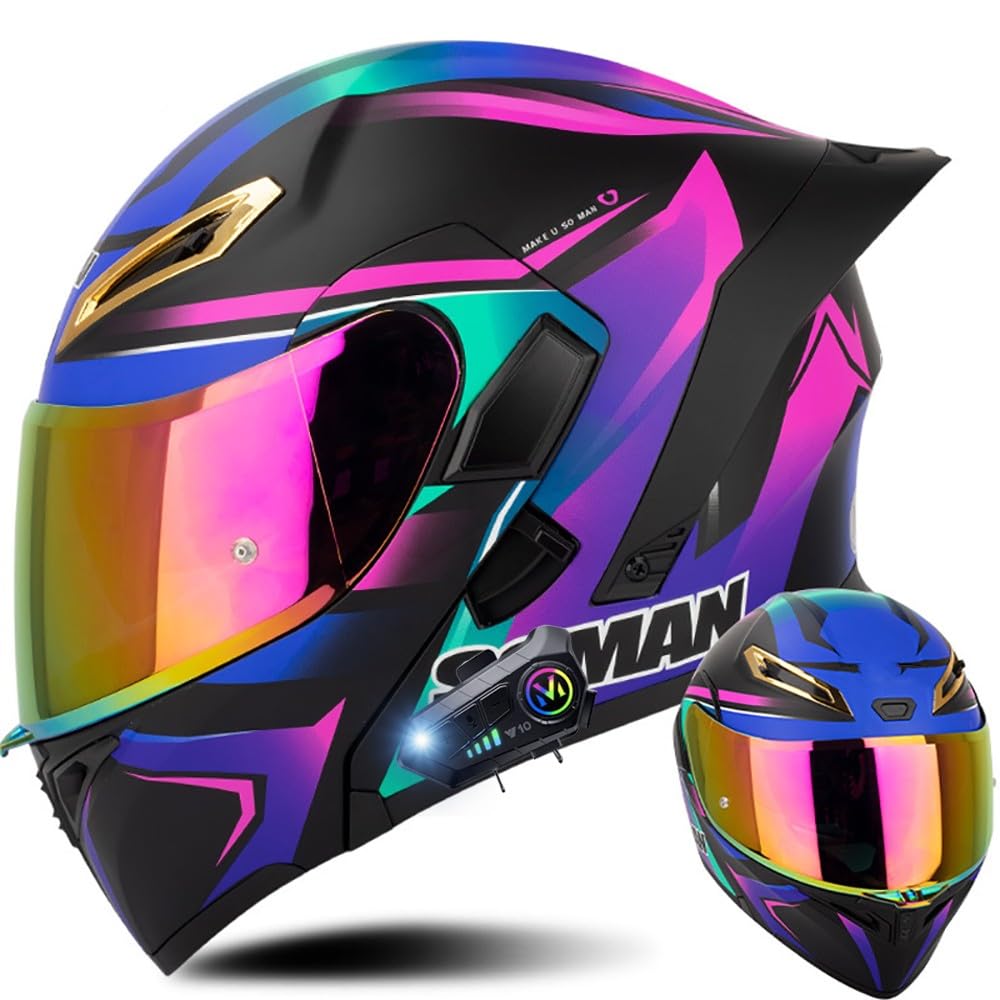 Modular Bluetooth Integrado Casco Moto, Casco Abatible con Doble Visera, ECE Homologado, Negro/Rojo