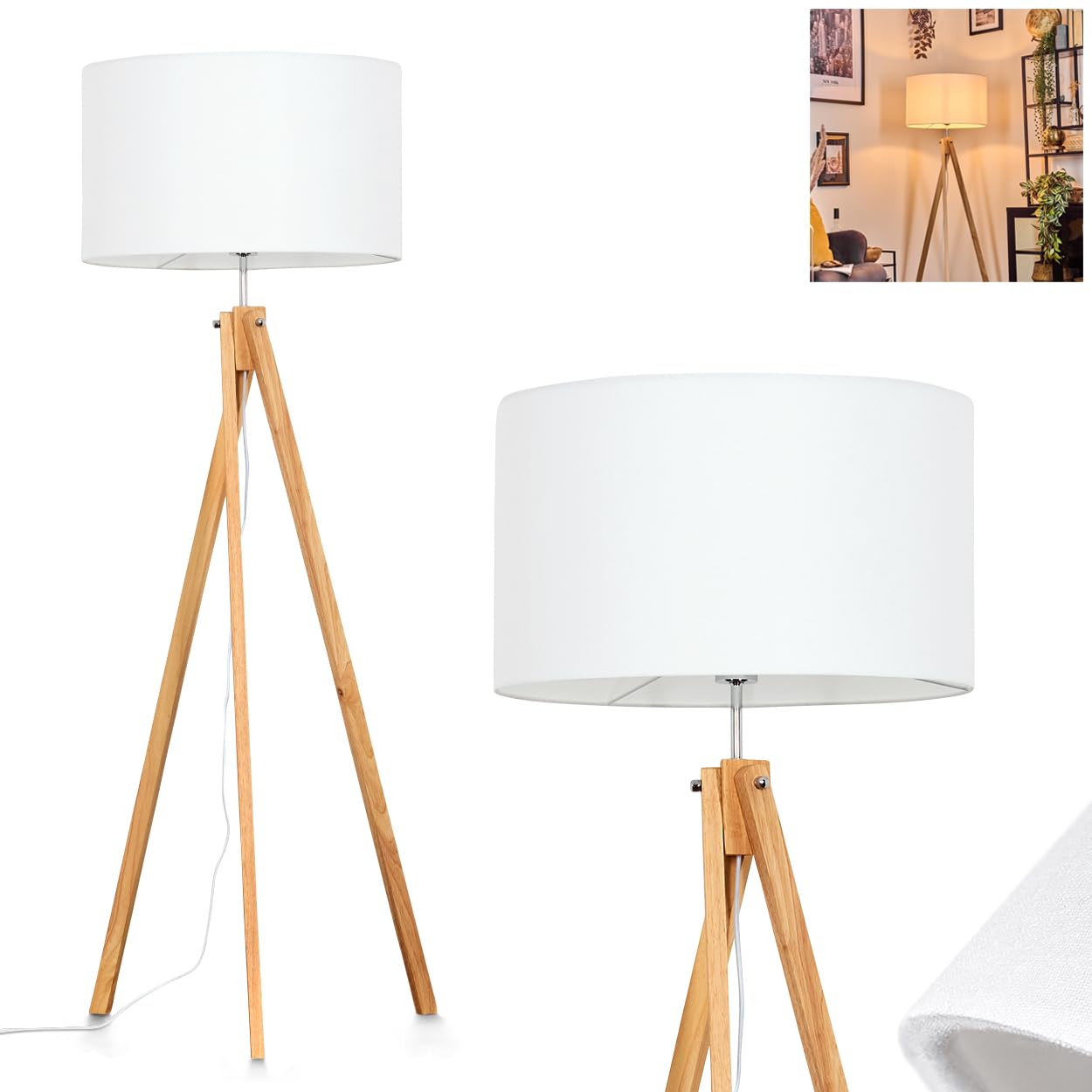 Stehleuchte Flemming, Stehlampe aus Holz/Stoff in Naturfarben/Weiß, Leuchte im modernen Boho-Style, skandinavisces Design (Ø50 cm), Höhe 151 cm, mit Fußschalter, 1 x E27, ohne Leuchtmittel
