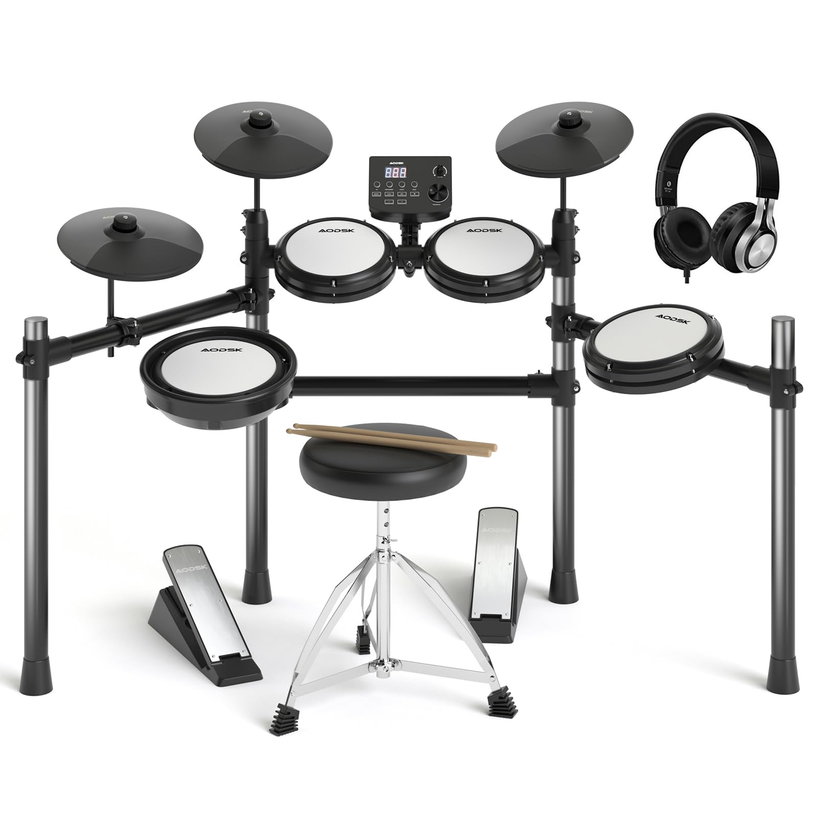 AODSK Electric Drum Set with Quiet Mesh Pads,Electronic Drum for Beginner,15 Kits and 195 Sounds,Sticks,Throne,Headphones,USB Cable Included. AED-403