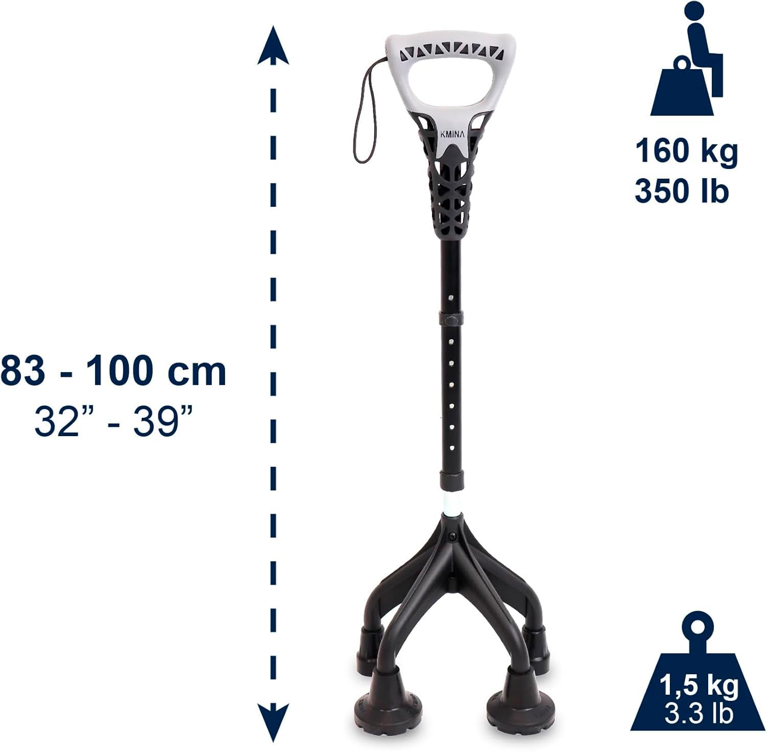 KMINA Bastón 4 Patas Ergonómico (Pesado y Robusto 1,5 Kg), Altura Ajustable, Diseño Patentado - Fabricado en España