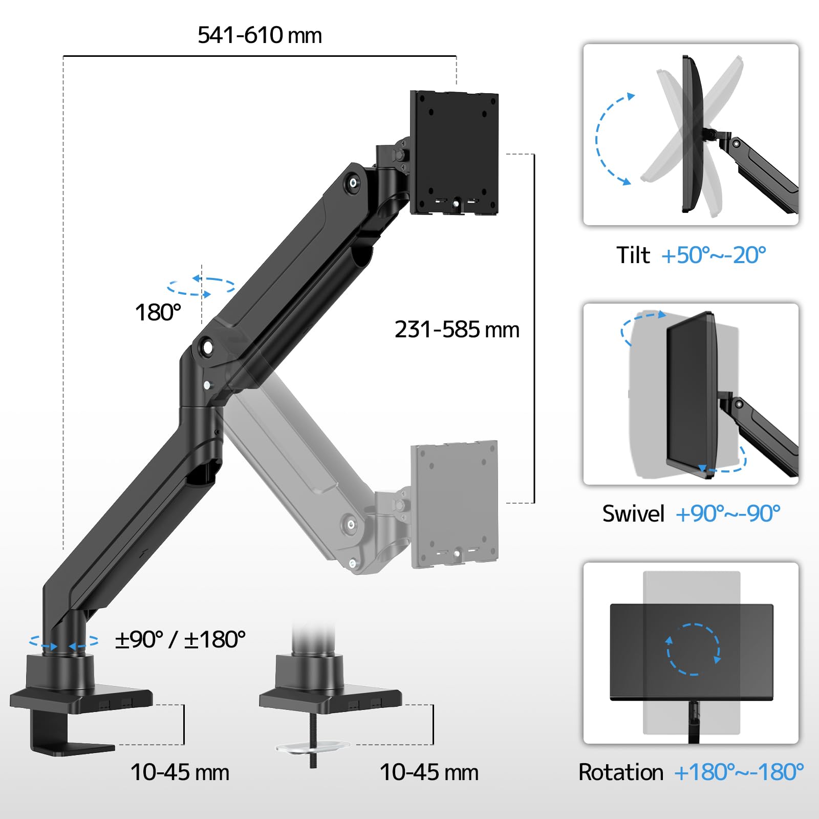 PUTORSEN 17-49 Zoll Monitor Halterung, Max 20 KG, Premium Aluminium Bildschirmhalterung for Flat/Curved Monitor with VESA 75 * 75/100 * 100 mm, Gasfeder Monitr Tischhalterung