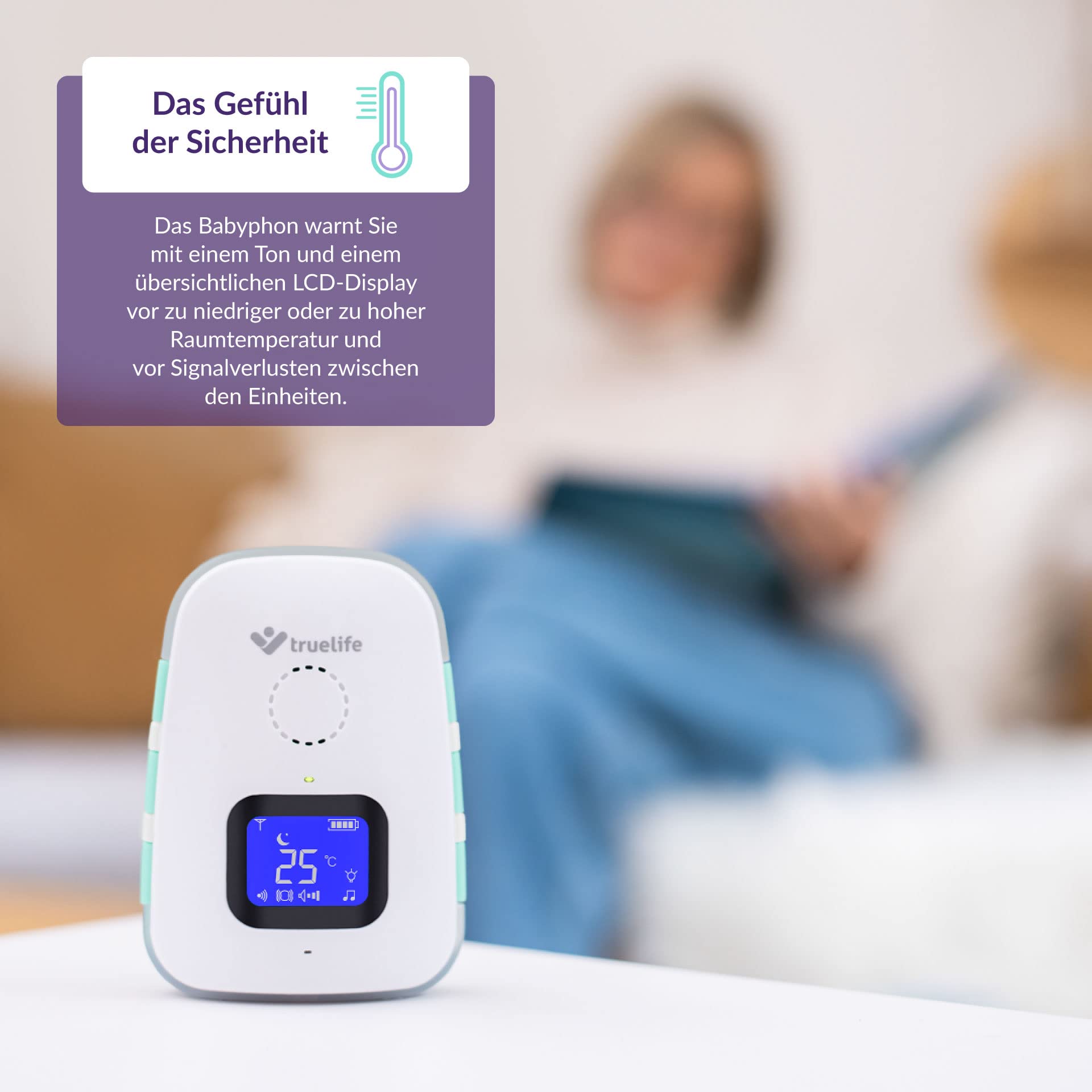 TrueLife NannyTone VM3 Babyphone avec IP67, portée extra large jusqu'à 800 m et 300 m dans les zones construites, avertissement de température 16-30 °C, son cristallin, alimentation par batterie