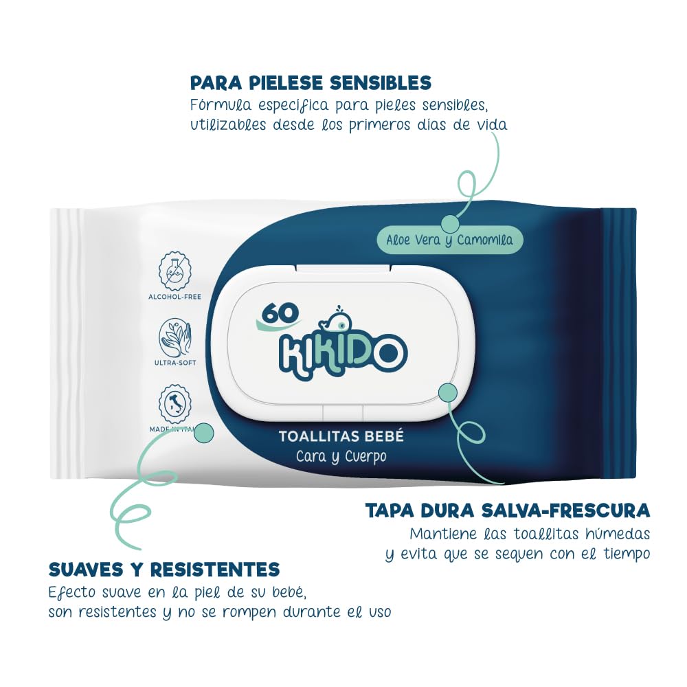 Kikido Toallitas Bebe - 540 Toallitas Humedas, 9 Paquetes de 60 Toalla Bebe Recien Nacido - Higiene Bebé Baby Wipes - Fórmula Suave para Pieles Sensibles