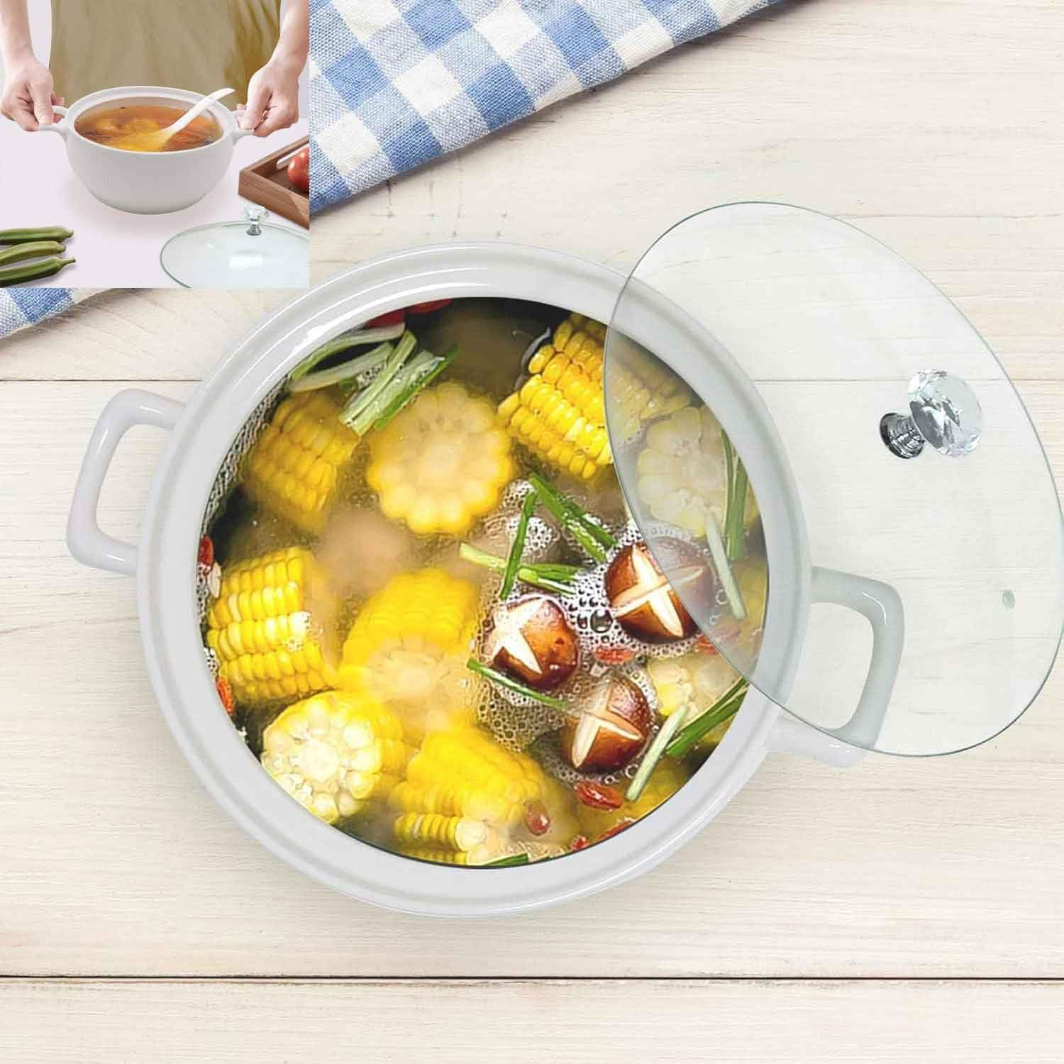 Ceramic Soup Tureen with White Porcelain Lid - Round Serving Bowl for Restaurant, Home Kitchen Decoration - Microwave and Dishwasher Safe, Glass LidWhite,1.5L