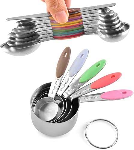 Vista 3 de EDELIN Juego de tazas medidoras y cucharas medidoras magnéticas, acero inoxidable, 5 tazas y 7 cucharas (multicolor)